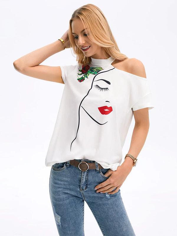 Original One-Shoulder Floral Face Printed T-Shirt Top
