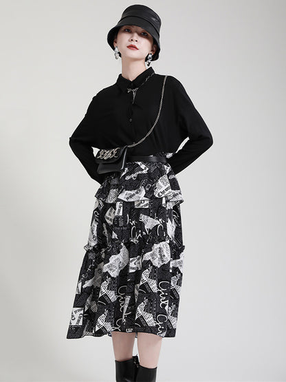 Original Falbala Letter Printed Split-Joint Buttoned Lapel Collar Long Sleeves Midi Dress