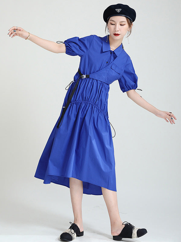 Casual Solid Color Asymmetric Pleated Split-Joint Midi Dress+Vest Tops Two Pieces Set