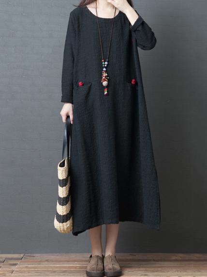 Red&Black Loose Round-neck Ramie Cotton Linen Dress