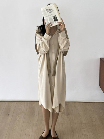 Simple Solid Color Buttoned Lapel Long Sleeves Shirt Dress