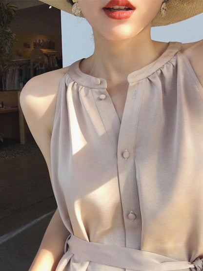 Solid V-neck Sleeveless Dress