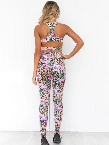 Zipper Leopard Floral Tank&Leggings Suits