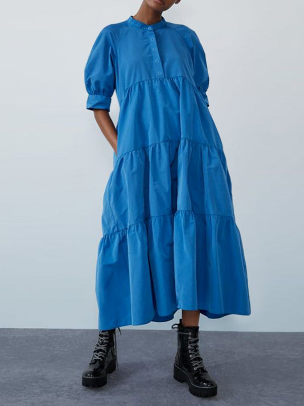 Original Solid Color Split-Joint Pleated Buttoned Stand Collar Half Puff Sleeves Midi Dress