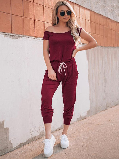 Short Sleeved With Slanted Shoulder Athleisure Jumpsuits