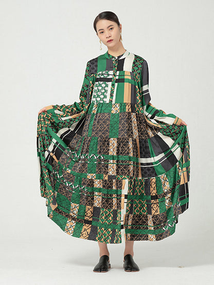 Original Bohemia Pleated Buttoned Stand Collar Long Sleeves Midi Dress