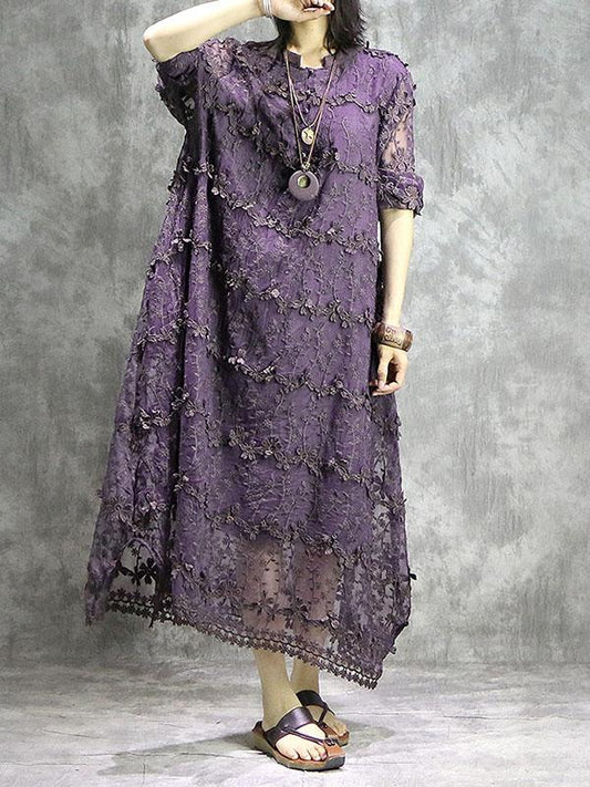 Loose Solid Hollow Flower Embroidered Maxi Dresses