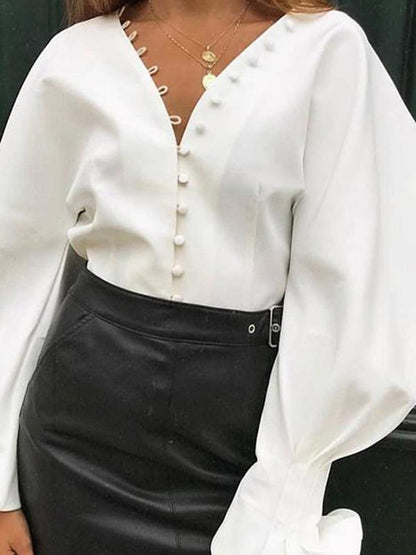 Long Sleeves V-neck White Blouses&shirts Tops