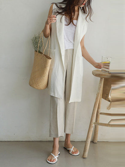 Simple Solid Color Split-Joint With Pocket Linen Notched Collar Vest Outwear