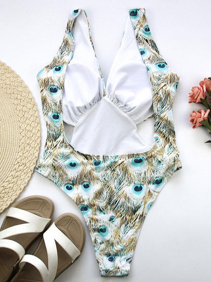 Printed Crop Backless One Piece Swimsuit