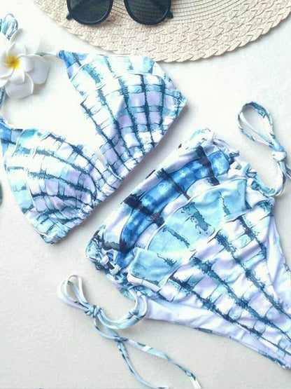 Shell Print High Waisted Lattice Bikini Swimsuit