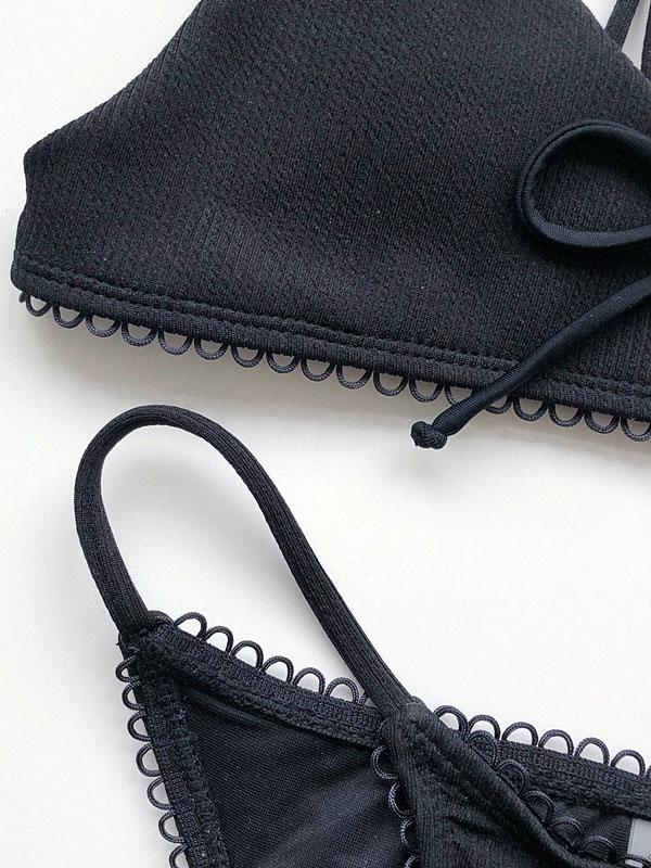 Solid Color Bow Bikini Swimsuit