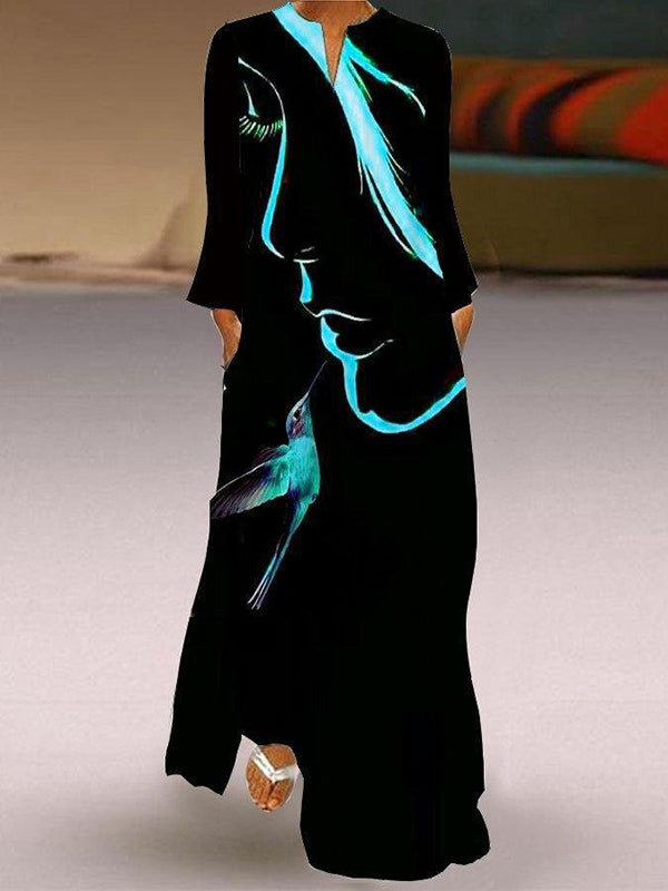 Casual Long Sleeves Printed V-Neck Maxi Dresses