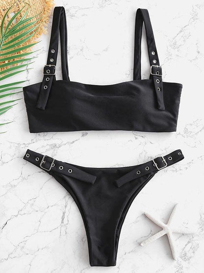 Buckle Plain Bandeau Bikini Swimsuit