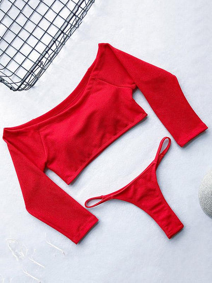 Off-the-shoulder Ribbed Plain Tankini Swimsuit