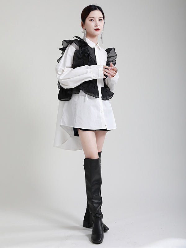 Stylish Irregular Contrast Color Split-Joint Falbala Mesh Drawstring Buttoned Lapel Collar Long Sleeves Blouse