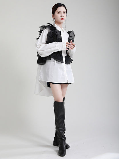 Stylish Irregular Contrast Color Split-Joint Falbala Mesh Drawstring Buttoned Lapel Collar Long Sleeves Blouse