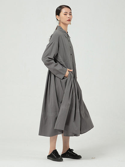 Casual Solid Color Buttoned Pleated Lapel Collar Long Sleeves Midi Dress