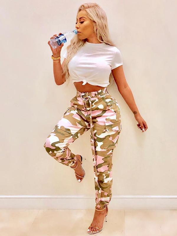 Plus Size Pink Camouflage Printed Track Pants