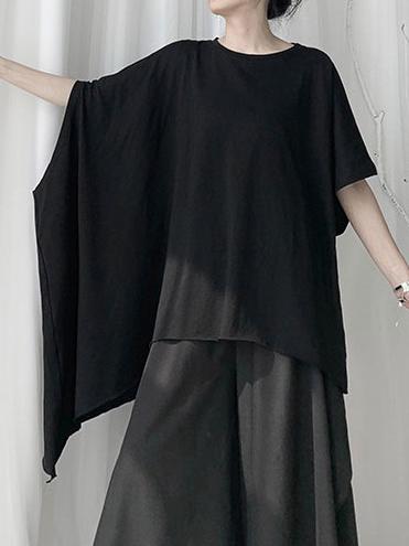 Black Loose Cropped Asymmetric T-shirt Tops