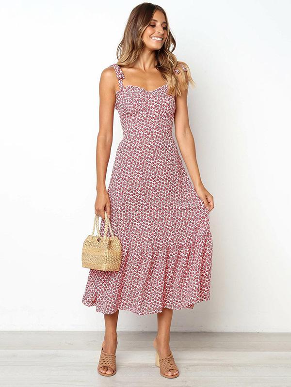 Sweet Spaghetti-neck Bohemia Ruffled Midi Dresses