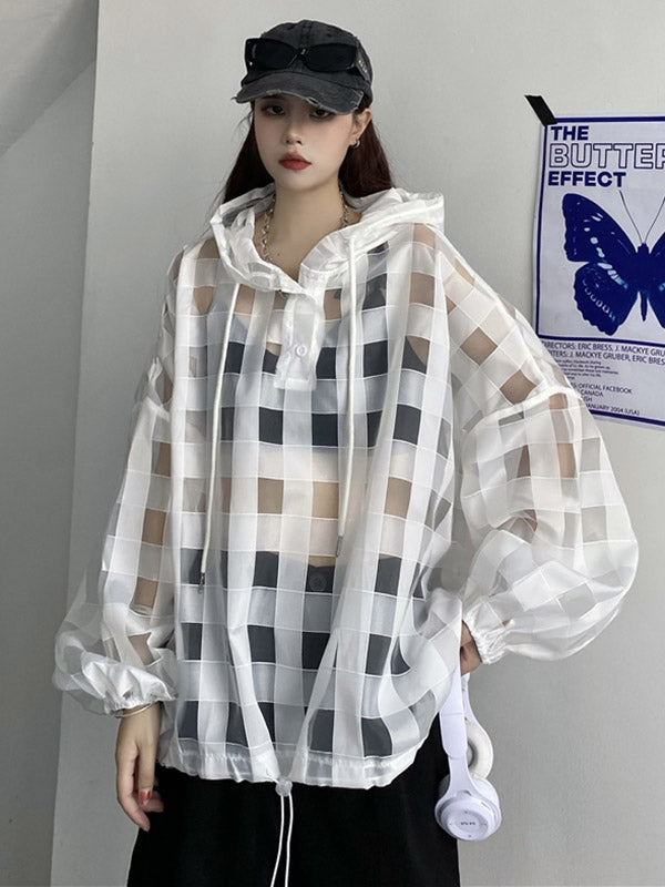 Stylish Solid Color Hollow Drawstring Buttoned Hooded Long Sleeves Sun-Protection Outwear