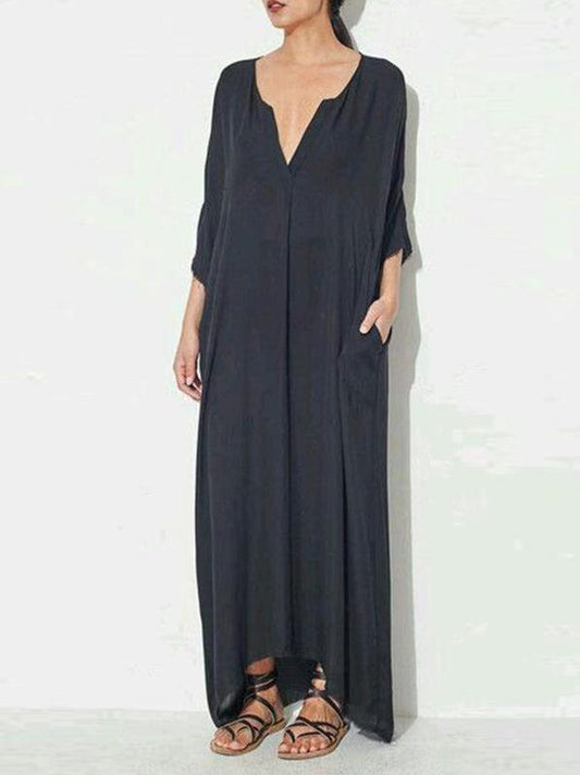 Loose Navy-blue V-neck Half-sleeves Long Dress
