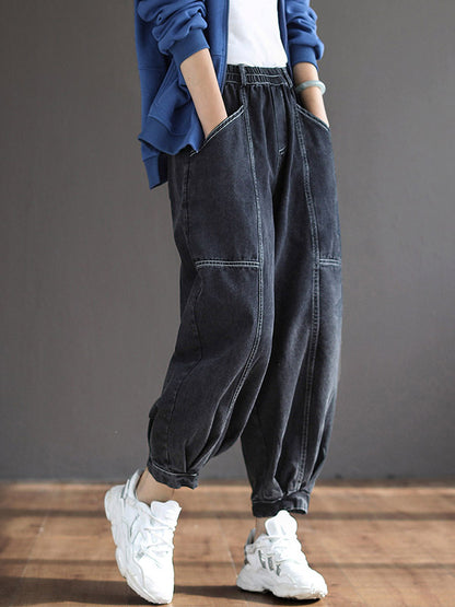 Casual Elastic Waist Wide Leg With Large Pocket Jean Pants