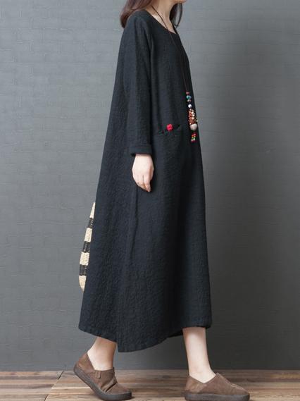 Red&Black Loose Round-neck Ramie Cotton Linen Dress