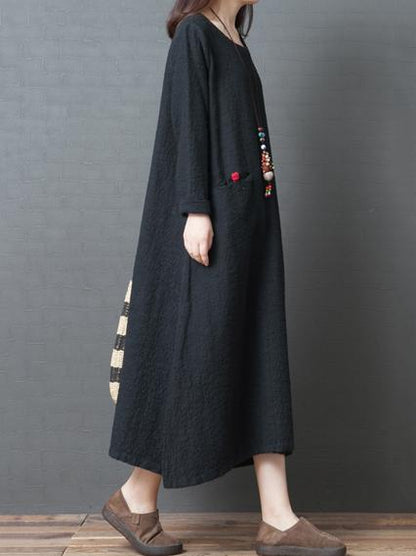 Red&Black Loose Round-neck Ramie Cotton Linen Dress