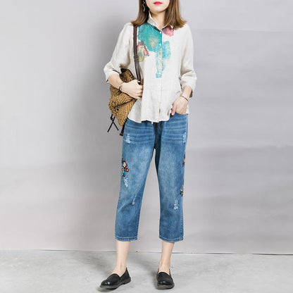 Embroidered Flowers And Frayed Casual Jeans