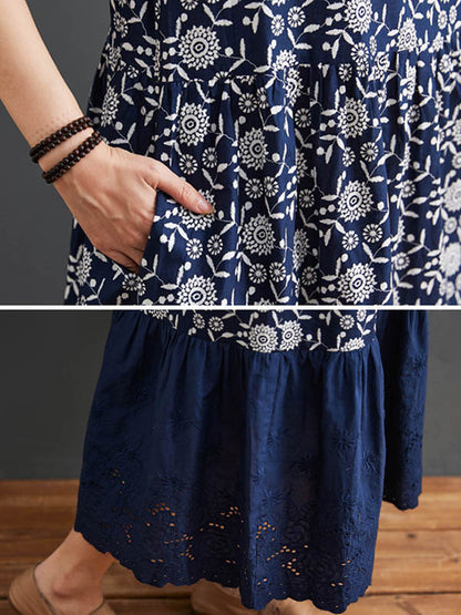 Loose Ramie Cotton National Printed Split-Joint Hollow Pleated Round-Neck Sleeveless Midi Dress