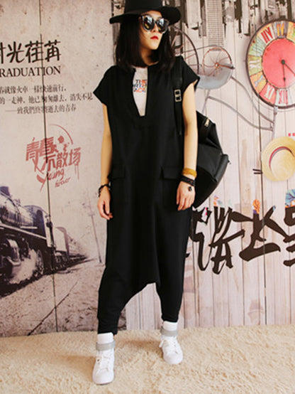 Casual Cool Solid Color Pleated V-Neck Short Sleeves Wide Legs Jumpsuit