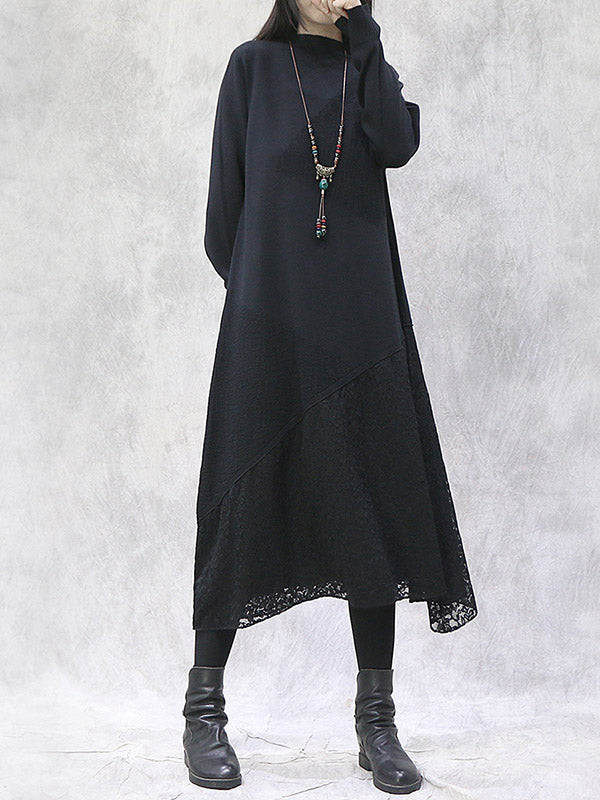 Artistic Retro Solid Color Split-Joint Embroidered Hollow Lace Stand Collar Long Sleeves Knitted Sweater Dress