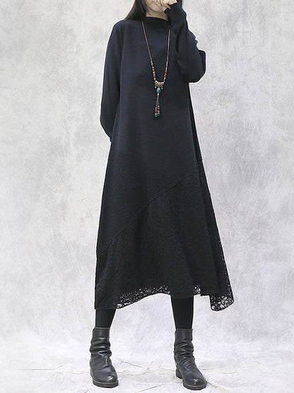 Artistic Retro Solid Color Split-Joint Embroidered Hollow Lace Stand Collar Long Sleeves Knitted Sweater Dress