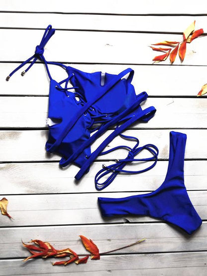 Sexy Lace Up Solid Bikinis Swimwear