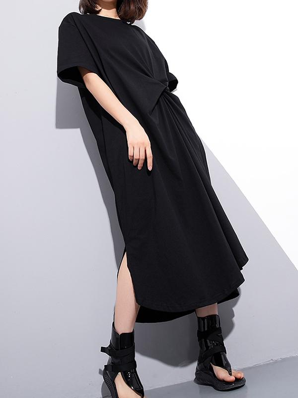 Split-side Solid Loose Cropped T-shirt Midi Dresses