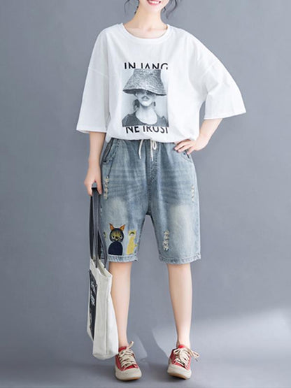 Loose Embroidered Casual Jean Shorts