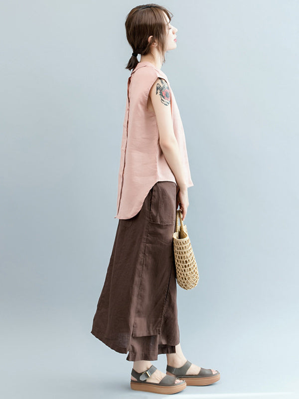 Simple Solid Color Lapel Cap Sleeve Vest Top