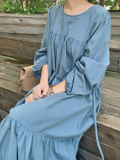 Casual Solid Color Pleated Drawstring Round-Neck Long Sleeves Midi Dress