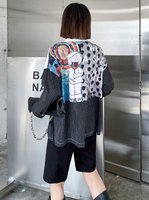 Stylish Cartoon Printed Plaid Split-Joint Lapel Collar Long Sleeves Blouse