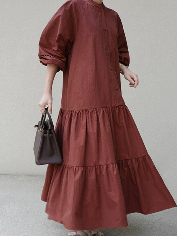 Casual Solid Color Pleated Buttoned Stand Collar Hollow Puff Sleeves Midi Dress