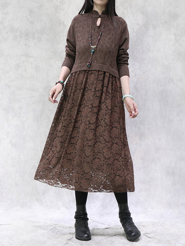 Artistic Retro Solid Color Split-Joint Buttoned Embroidered Hollow Lace Stand Collar Long Sleeves Knitted Sweater Dress
