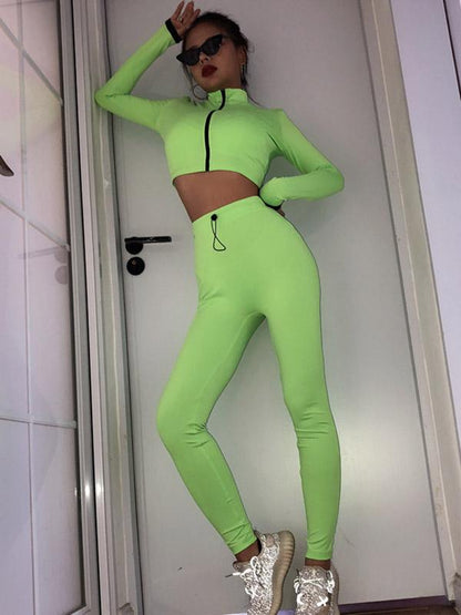 Solid Zipper Tee&Leggings Sports Suits