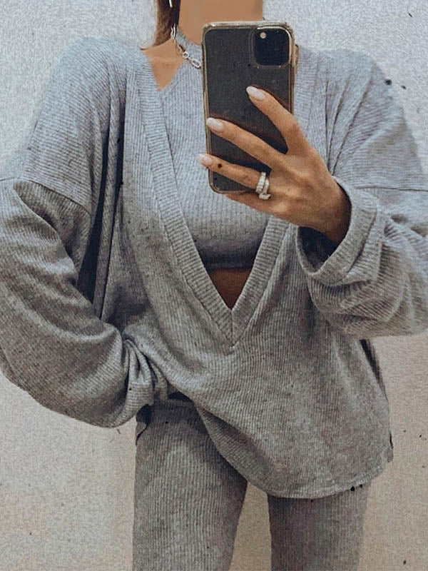 Solid Color Threaded Tanks&Pullover Two Pieces Set - kailaple