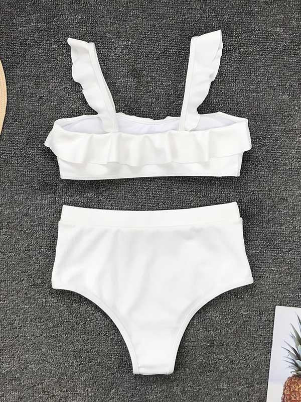 Solid Color Falbala Split Bikini Swimsuit
