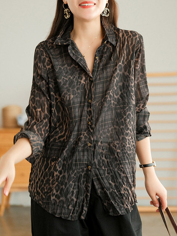 Vintage Printed Buttoned Pleated Lapel Long Sleeves Blouse Tops