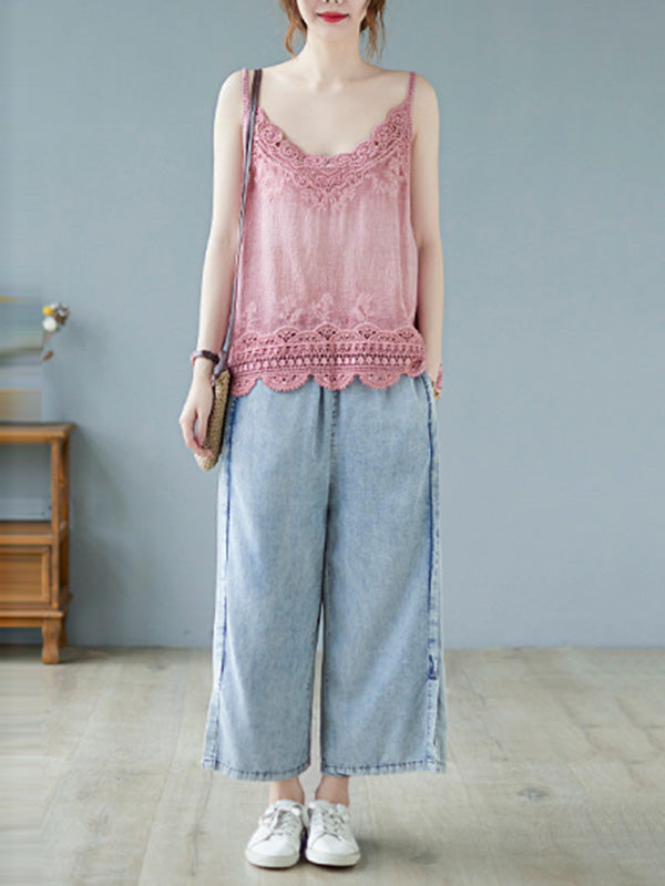 Original Solid Sleeveless Lace&Hollow V-Neck Vest