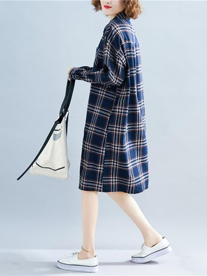 Loose Plaid Lapel Blouse Dress