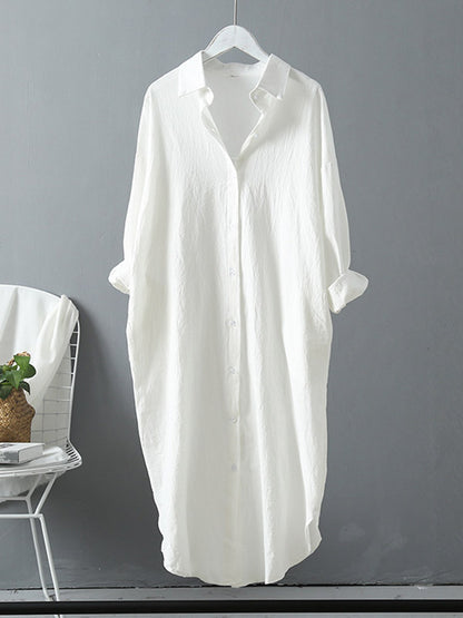 Simple Loose Casual Solid Color Buttoned Split-Side Lapel Collar Long Sleeves Midi Shirt Dress